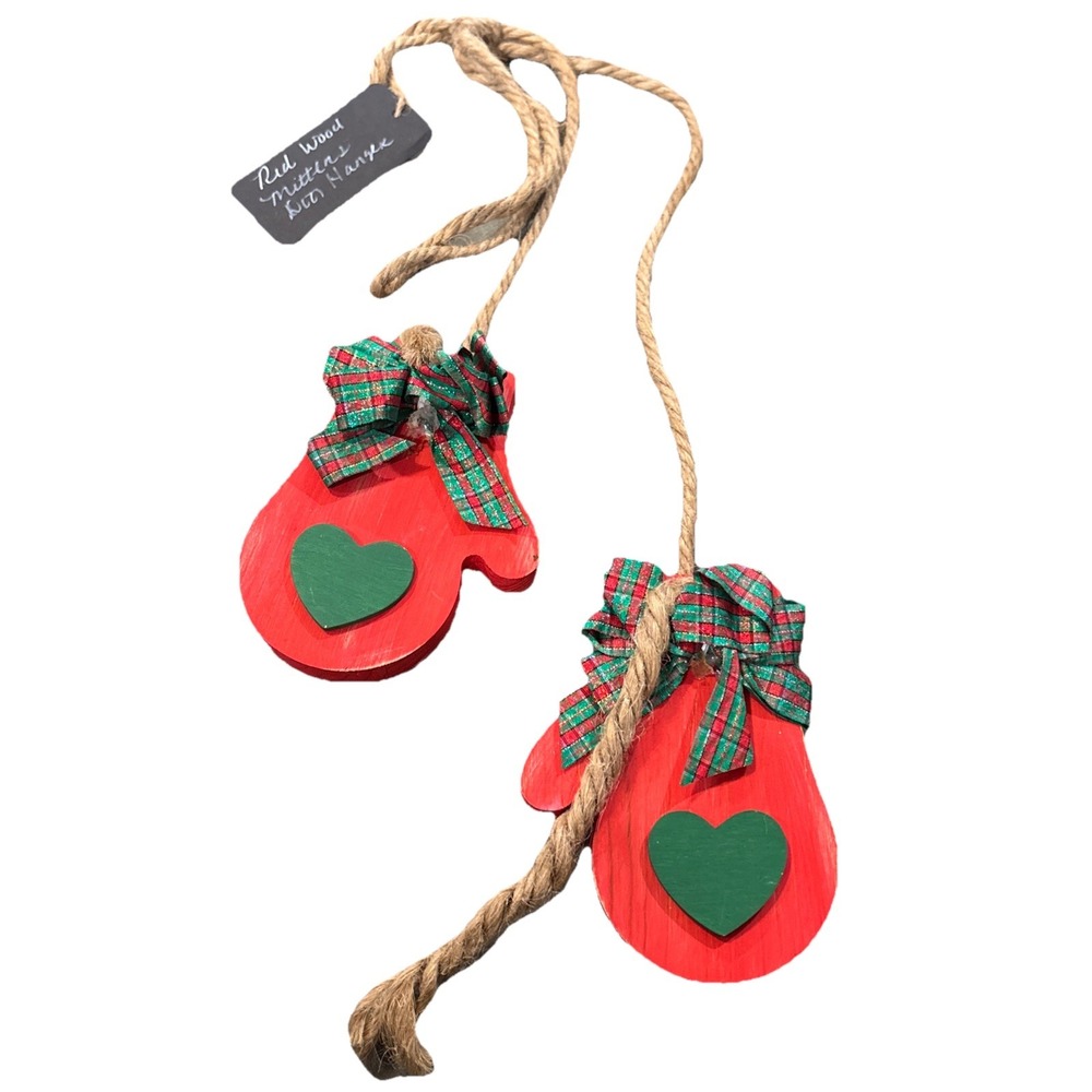 Christmas Mittens Wood Wall Hanging Decoration Red Adjustable But Now At 22"